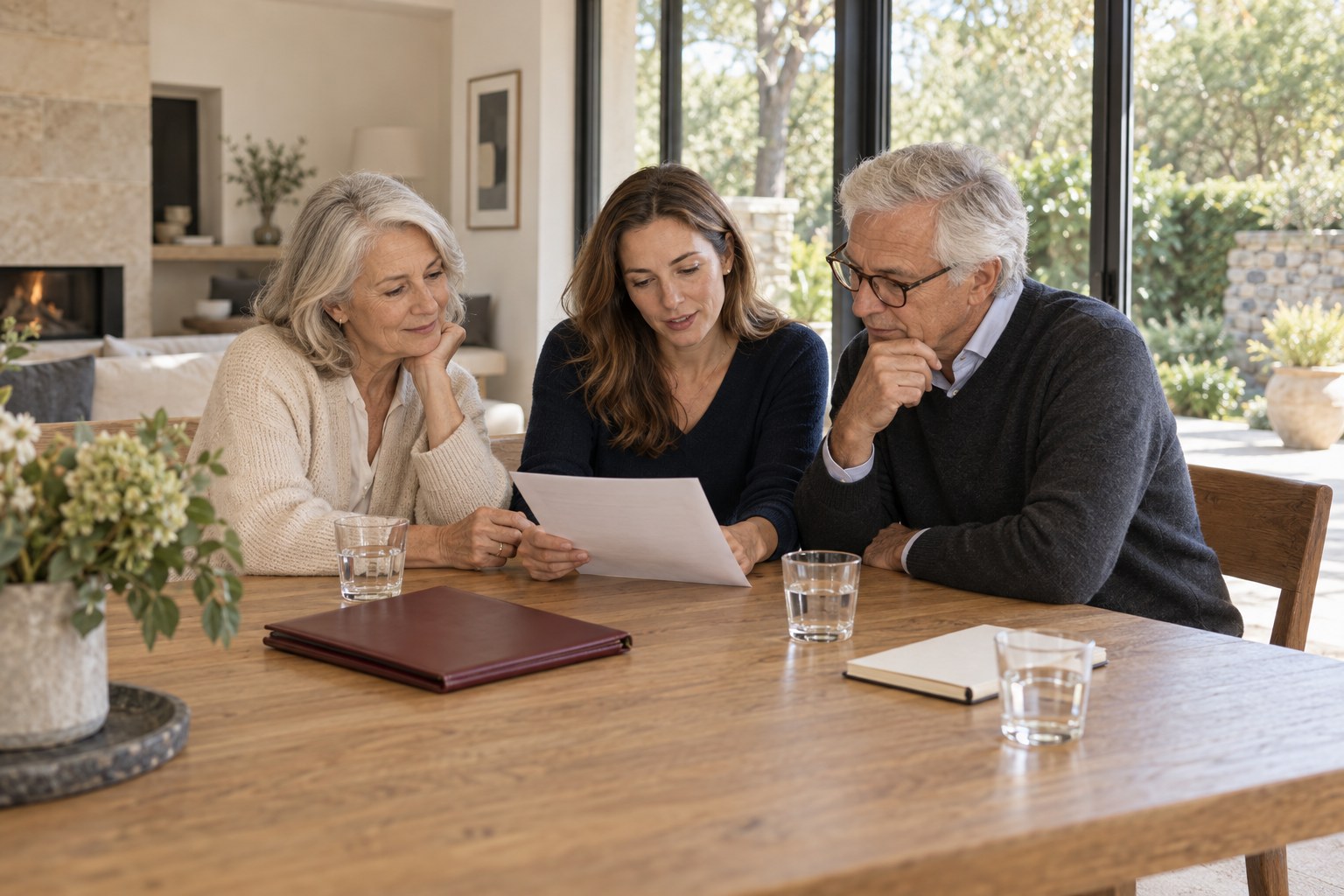 Eine Familie bespricht ihre Zukunft am Tisch
